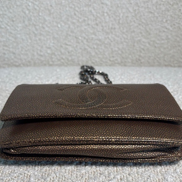 Authentic Chanel Gold Bronze Metallic Caviar Timeless Wallet on Chain Double CC - Picture 13 of 13